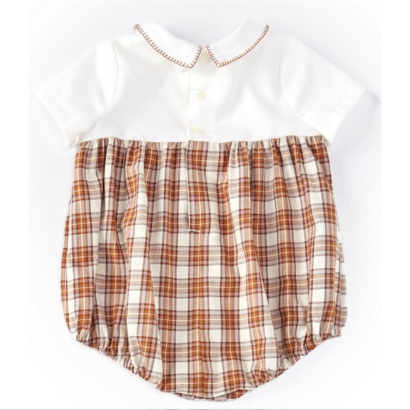 Edgehill Collection Smocked Peter Pan Collar Short Sleeve Plaid Bubble Coverall - Picture 2 of 11